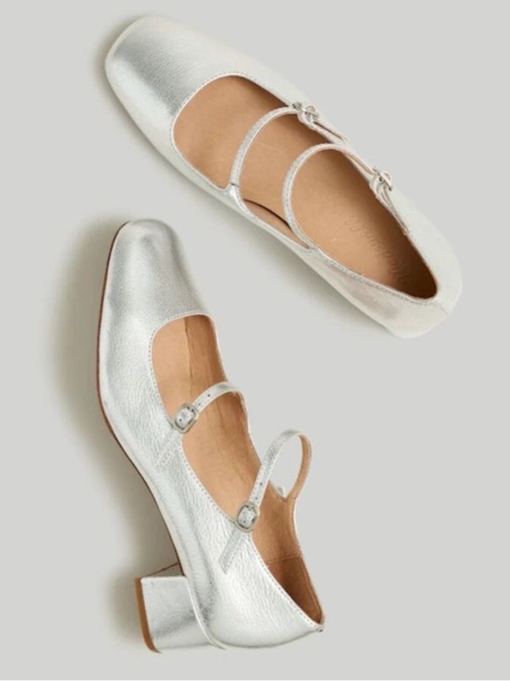 Madewell Silver Metallic Leather Double Strap Nettie Heeled Mary Jane Shoes 8.5
